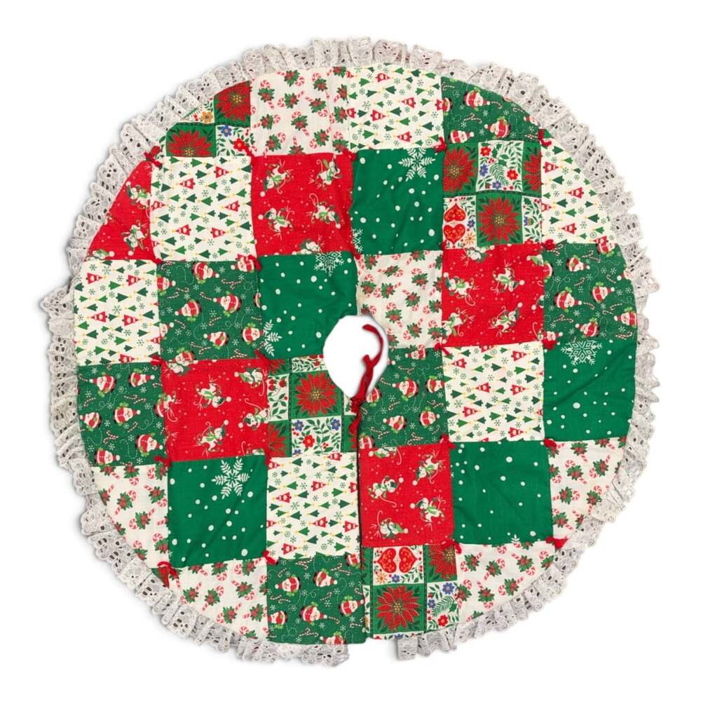 Vtg 34" Patchwork Quilted Reversible Christmas Tree Skirt Eyelet Lace Trim